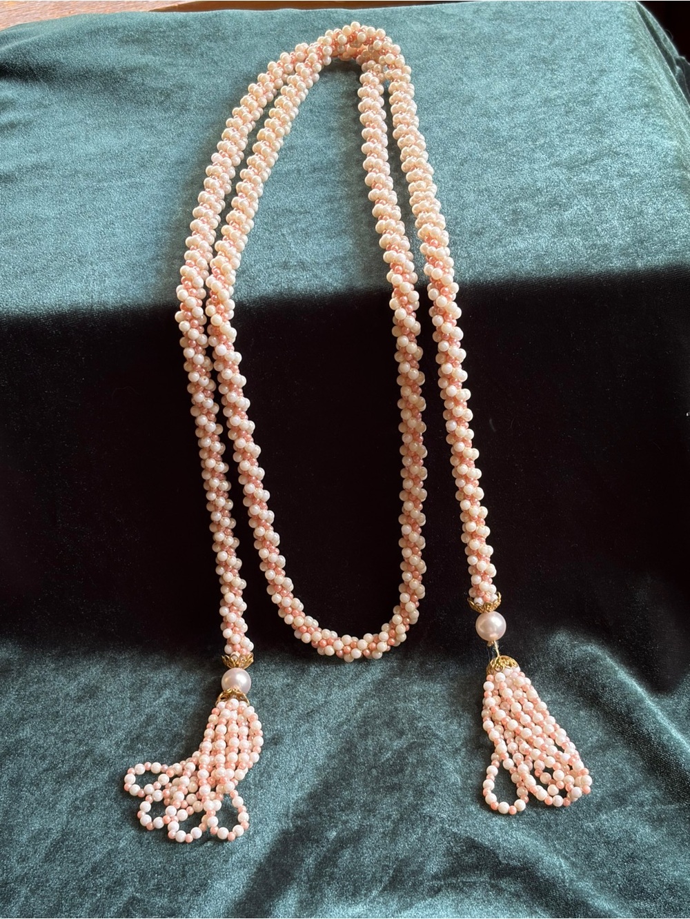 Vintage rope pearls with tassels 62”! Pink & white glass faux pearls.